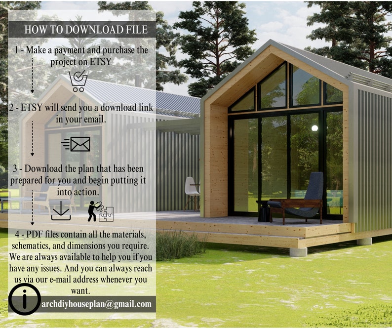 Pu&ograve; includere: Un rendering architettonico di una moderna cabina con tetto spiovente e ampie vetrate. L'immagine include testo che spiega come scaricare un file dopo l'acquisto, incluso l'indirizzo e-mail archdiyhouseplan@gmail.com.
