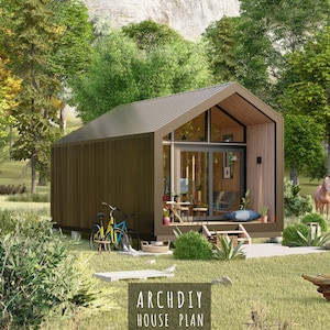 DIY Tiny House, modern huisplan met vijfhoekige lijst, blauwdrukken klein klein huis, plattegrond blokhut 12 x 23, kleine boerderij