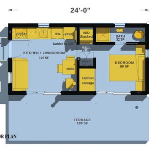 May include: A ground floor plan with dimensions of 24 feet by 12 feet. The layout includes a kitchen, living room, bedroom, bathroom, and terrace. The kitchen and living room are 123 square feet, the bedroom is 80 square feet, and the bathroom is 22 square feet.