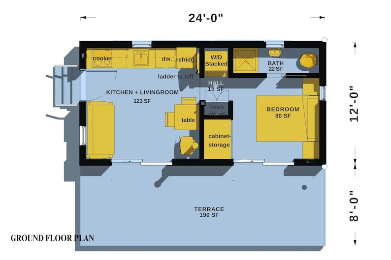 May include: A ground floor plan with dimensions of 24 feet by 12 feet. The layout includes a kitchen, living room, bedroom, bathroom, and terrace. The kitchen and living room are 123 square feet, the bedroom is 80 square feet, and the bathroom is 22 square feet.