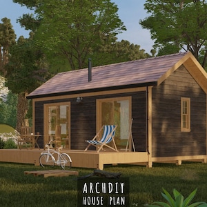 May include: A digital rendering of a small cabin with a wooden deck, a bicycle, and a striped chair. The cabin has a dark exterior, a brown roof, and a small window. The text "ARCHDIY HOUSE PLAN" is at the bottom of the image.