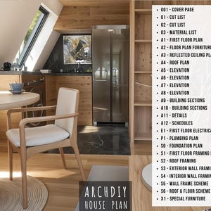 Interior view of a modern wooden kitchen and dining area with a list of blueprint page contents overlaid on the right.