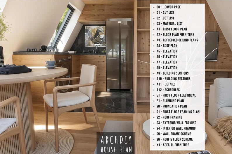 Interior view of a modern wooden kitchen and dining area with a list of blueprint page contents overlaid on the right.