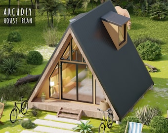 May include: A small, triangular house with a black roof and large windows. The house is surrounded by green grass and trees. There are two bicycles parked in front of the house.