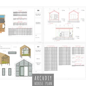 Collage of blueprint pages featuring framing details, material schedules, elevations, and installation diagrams for the tiny home.