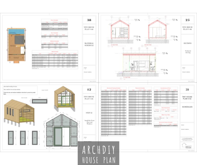 Collage of blueprint pages featuring framing details, material schedules, elevations, and installation diagrams for the tiny home.