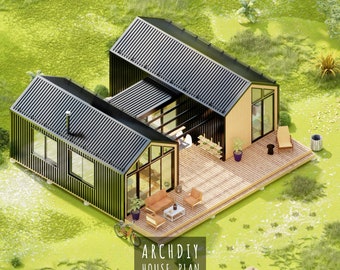 Modern House Plan Single Storey , 2 Bedroom, 1 Bathroom, 1200 Sq FT - 68 Pages PDF, Barndominium House