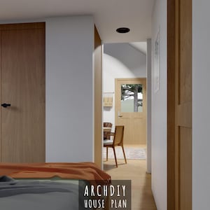 May include: Interior view of a modern home with light wood doors and trim. The image shows a hallway leading to a room with a table and chair. The text "ARCHDIY HOUSE PLAN" is visible at the bottom of the image.