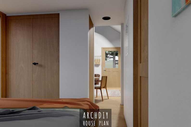 May include: Interior view of a modern home with light wood doors and trim. The image shows a hallway leading to a room with a table and chair. The text "ARCHDIY HOUSE PLAN" is visible at the bottom of the image.