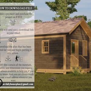 May include: A digital rendering of a small wooden house with a brown roof and wooden trim. The image includes text that explains how to download a file from Etsy, including the email address archdiyhouseplan@gmail.com.