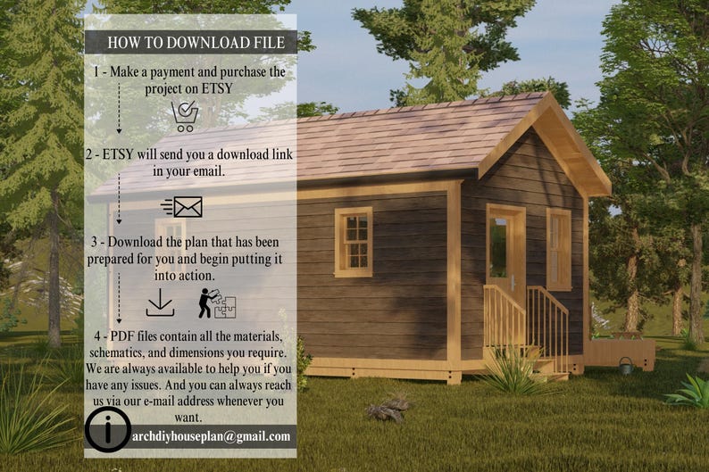 May include: A digital rendering of a small wooden house with a brown roof and wooden trim. The image includes text that explains how to download a file from Etsy, including the email address archdiyhouseplan@gmail.com.