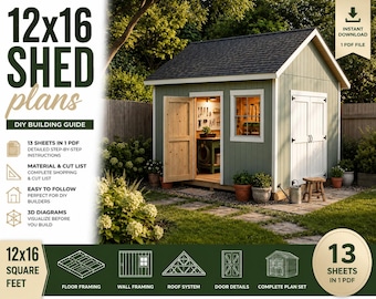 12x16 Gable Shed Blueprint, DIY Storage Building Plan PDF, Backyard Workshop Construction Guide, 192 SQFT Garden House, Instant Download