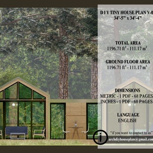 Pu&ograve; includere: Rendering digitale di un progetto di tiny house, V-06, con dimensioni di 10,5 m x 10,5 m. L'area totale &egrave; di 111,17 m&sup2;, e l'area del piano terra &egrave; anch'essa di 111,17 m&sup2;. Il progetto include versioni metriche e in pollici, ciascuna di 68 pagine. Il progetto &egrave; in inglese.