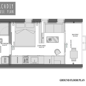 2D architectural floor plan of the tiny house showing the bathroom, bedroom, living area, kitchen, and balcony.