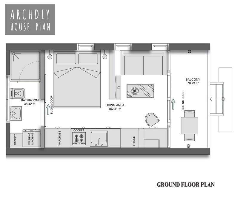 2D architectural floor plan of the tiny house showing the bathroom, bedroom, living area, kitchen, and balcony.
