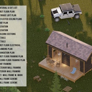 May include: An architectural rendering of a small cabin with a dark brown exterior and a light brown wooden deck. A white Hummer is parked on the green grass nearby. A list of architectural plans is on the left.