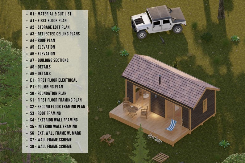 May include: An architectural rendering of a small cabin with a dark brown exterior and a light brown wooden deck. A white Hummer is parked on the green grass nearby. A list of architectural plans is on the left.