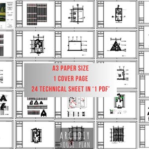 A grid layout showcasing multiple technical sheets and diagrams included in the house plan PDF.