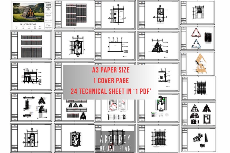 A grid layout showcasing multiple technical sheets and diagrams included in the house plan PDF.