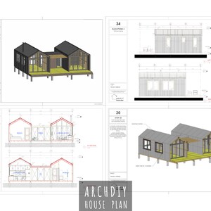 Pu&ograve; includere: Planimetria architettonica di una casa con pi&ugrave; viste. Include rendering 3D, viste di elevazione e disegni di sezioni. La casa presenta un design moderno con un tetto grigio scuro e un ponte in legno chiaro. Il testo "ARCHDIY HOUSE PLAN" &egrave; visibile.