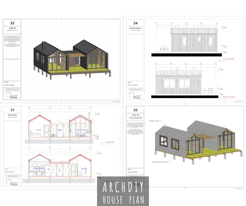 Pu&ograve; includere: Planimetria architettonica di una casa con pi&ugrave; viste. Include rendering 3D, viste di elevazione e disegni di sezioni. La casa presenta un design moderno con un tetto grigio scuro e un ponte in legno chiaro. Il testo "ARCHDIY HOUSE PLAN" &egrave; visibile.