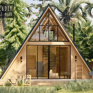 Modern huisplan met a-frame, huis 30 x 42, 2 slaapkamers, 44 pdf-pagina print build, 17 pdf-pagina renderen
