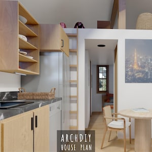 May include: Interior view of a modern kitchen and dining area. Features light wood cabinetry, a black countertop, and a small dining table with chairs. A ladder leads to a loft area. The image includes the text "ARCHDIY HOUSE PLAN".