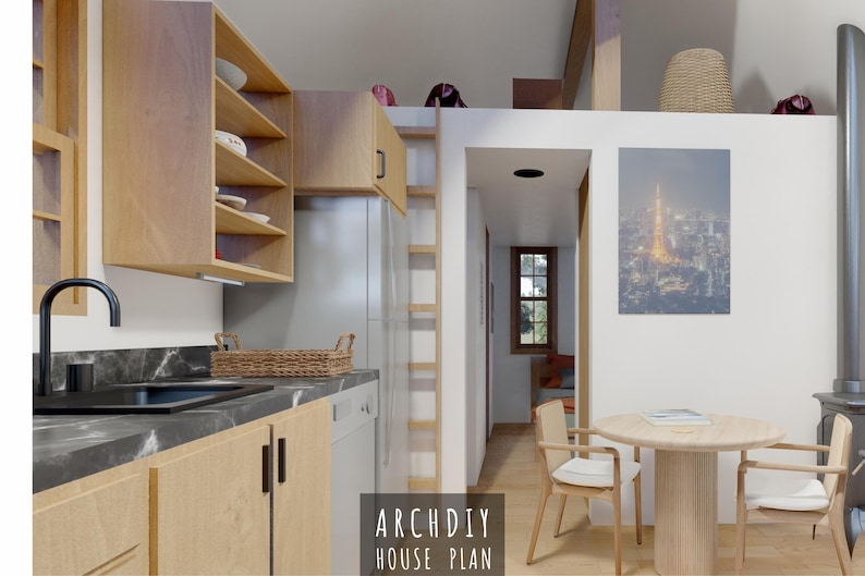 May include: Interior view of a modern kitchen and dining area. Features light wood cabinetry, a black countertop, and a small dining table with chairs. A ladder leads to a loft area. The image includes the text "ARCHDIY HOUSE PLAN".