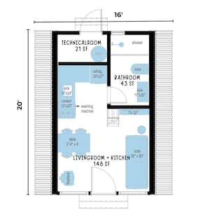 A 2D technical floor plan of a 16 by 20 foot tiny house detailing room layouts and dimensions.