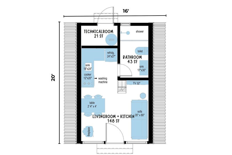 A 2D technical floor plan of a 16 by 20 foot tiny house detailing room layouts and dimensions.