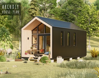 Modern Small Tiny House Blueprints, Pentagon Frame House Plan\ 12x23 Log Cabin Floor Plan, 1 Story, Tiny Farmhouse