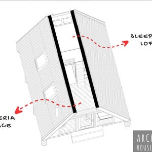 An overhead line drawing highlighting the upper sleeping loft and galeria space of the cabin.