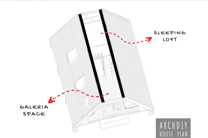 An overhead line drawing highlighting the upper sleeping loft and galeria space of the cabin.