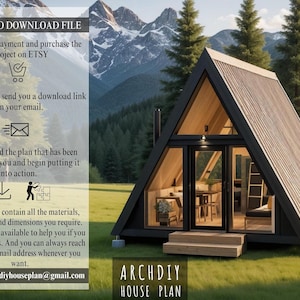 An A-frame cabin in a mountain landscape with text instructions explaining how to download the purchased PDF file.