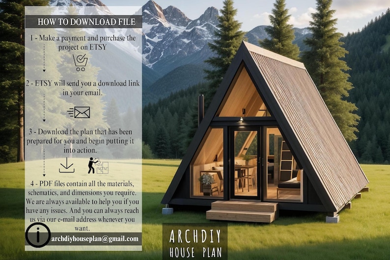 An A-frame cabin in a mountain landscape with text instructions explaining how to download the purchased PDF file.