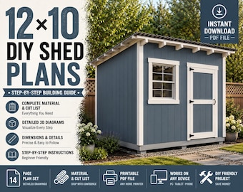 12x10 Lean To Shed Plans, Large DIY Storage Shed, Backyard Garden Building Guide, Material Cut List, PDF Download