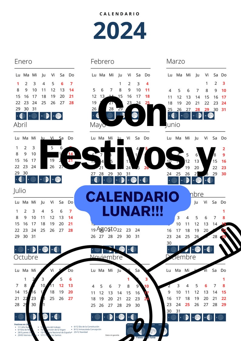 CALENDARIO 2024 Con Festivos y Calendario Lunar Etsy España