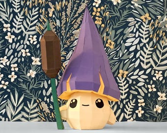 Papercraft template PDF DIY - Mushroom magician cute papercraft pattern - Wizard mushling and reed mace - Cute mushroom creature