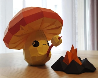 Papercraft template PDF DIY - Mushroom and campfire - Mushling and campfire - Papercraft pattern - Mushroom creature