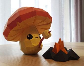 Papercraft template PDF DIY - Mushroom and campfire - Mushling and campfire - Papercraft pattern - Mushroom creature