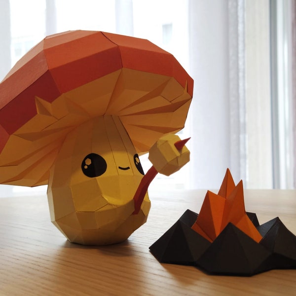 Papercraft template PDF DIY - Champignon et feu de camp -  Mushling and campfire - Patron papercraft - Mushroom creature