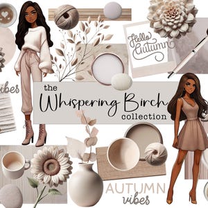 May include: A digital collage featuring a variety of autumn-themed elements, including illustrations of women, leaves, flowers, and text that says "Hello Autumn", "Fall vibes", "the Whispering Birch collection", and "AUTUMN vibes".