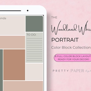 May include: A digital planner template with a green, brown, and white color scheme. The template is divided into sections labeled "On the agenda", "Notes", and "To Do". The text "The Woodland Whisper Portrait Color Block Collection" is displayed above the template.