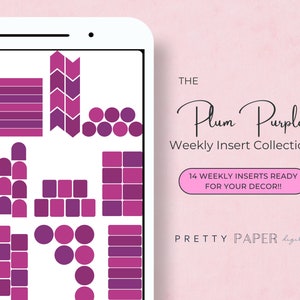 May include: A digital planner sticker collection with 14 different designs in shades of purple. The designs include geometric shapes, hearts, and stripes. The text "THE Plum Purple Weekly Insert Collection" and "14 WEEKLY INSERTS READY FOR YOUR DECOR!!" is visible on the image.