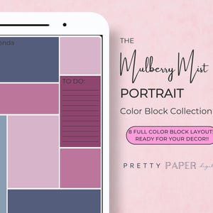 May include: A digital planner template with a color block design in shades of purple, pink, and blue. The template is labeled "The Mulberry Mist Portrait Color Block Collection" and includes sections for "On the agenda", "Notes", and "To Do".