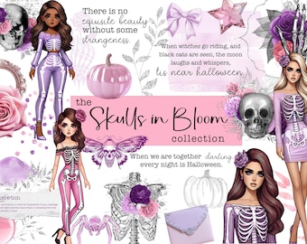 May include: A digital illustration featuring a collection of skulls with floral accents. The text "Skulls in Bloom Collection" is featured in the centre of the image. The text "When witches go riding, and black cats are seen, the moon laughs and whispers, tis near halloween." is featured in the top right corner of the image.