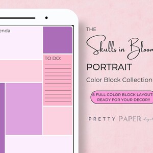 May include: A digital planner template with a pink and purple color scheme. The template is divided into sections labeled "On the agenda", "Notes", and "To Do". The text "The Skulls in Bloom Portrait Color Block Collection" is displayed on the right side of the image.