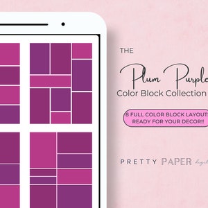May include: A digital download of 8 different colour block layouts in shades of plum and pink. The layouts are ready to be used for home decor projects. The text "THE Plum Purple Color Block Collection" and "8 FULL COLOUR BLOCK LAYOUTS READY FOR YOUR DECOR!!" is displayed on the image.