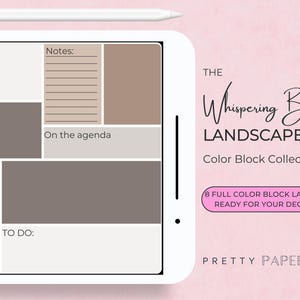 May include: A digital planner template with a color block design in shades of brown and beige. The template is labeled "The Whispering Birch Landscape Color Block Collection" and includes sections for "To Do", "Notes", and "On the Agenda".