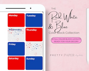 Adesivos para Planejador Semanal em Vermelho, Branco e Azul, Goodnotes PNG (Digital)